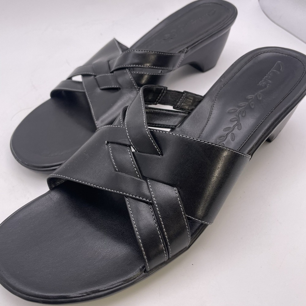Clarks Womens 10 Leather Open Toe‎ Slip On Wedge Heel Stylish Comfort Pristine